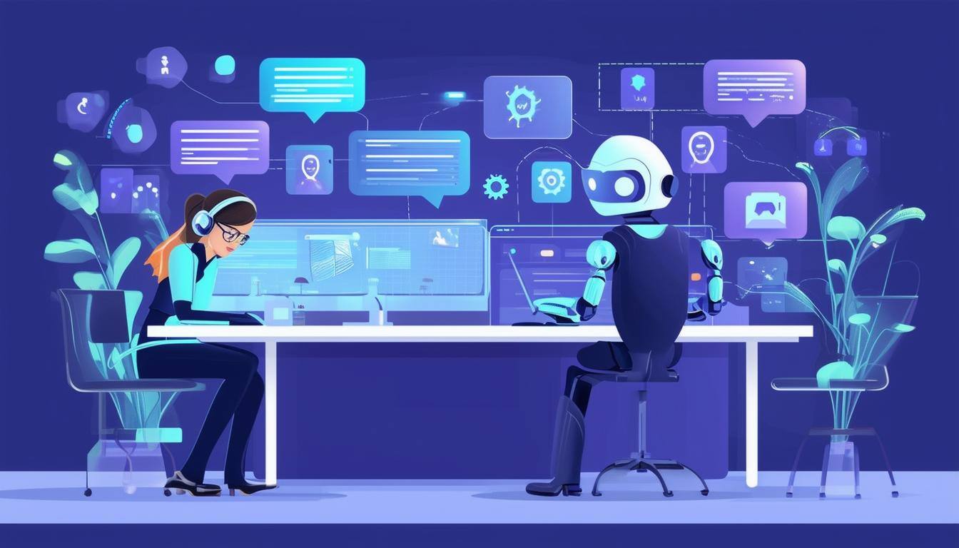 An image of a customer service center with AIdriven chatbots and virtual assistants automating routine tasks, prioritizing incoming issues, personaliz